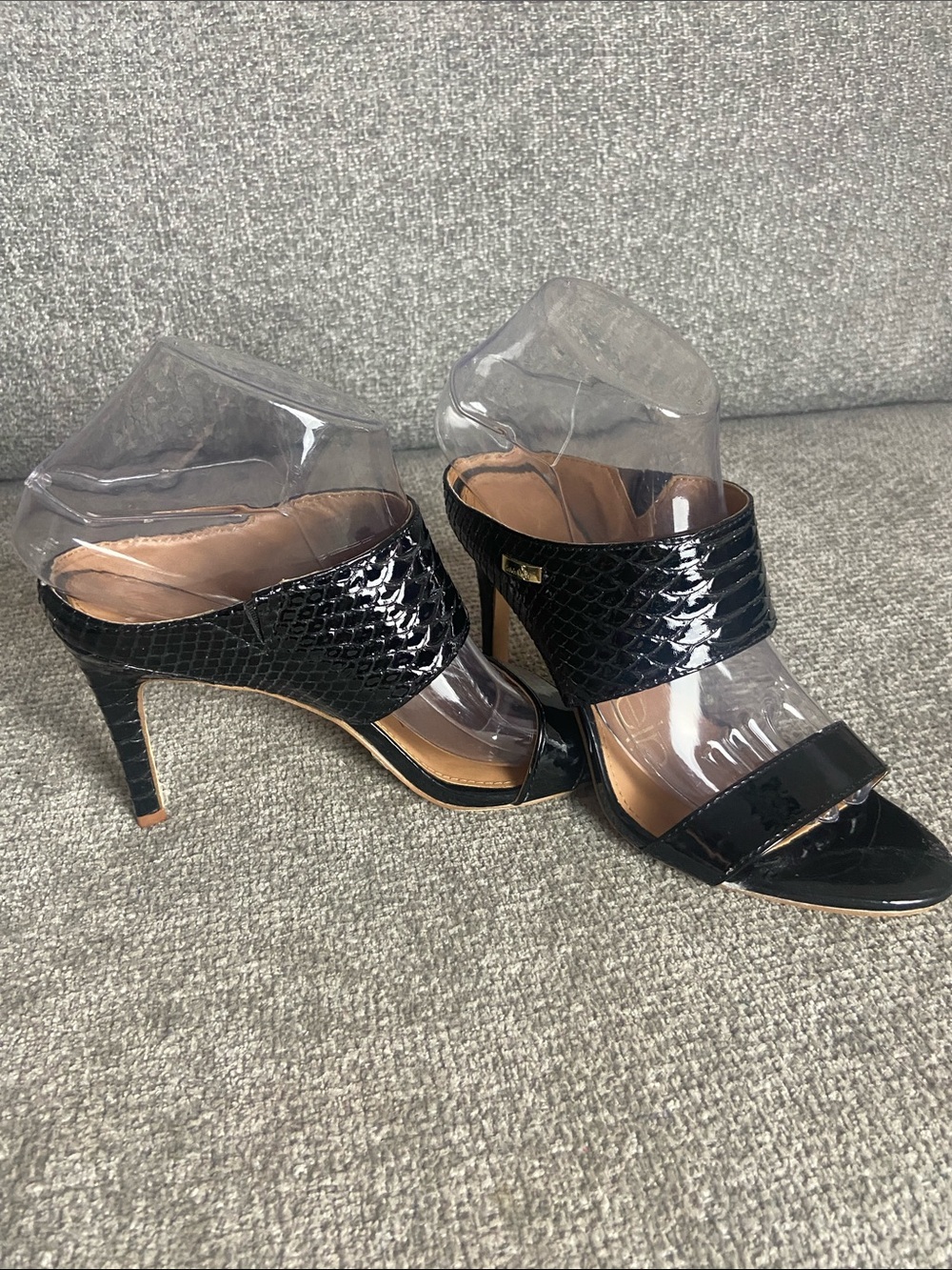 Calvin Klein Black Patent & Snakeskin-Textured High Heel Slides size 6.5